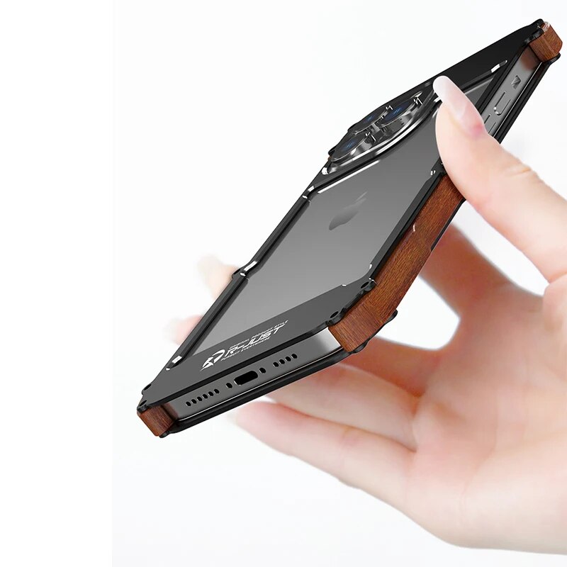 iPhone 15 Series R-Just Aluminium Natural Wood Anti Shock Bumper Case