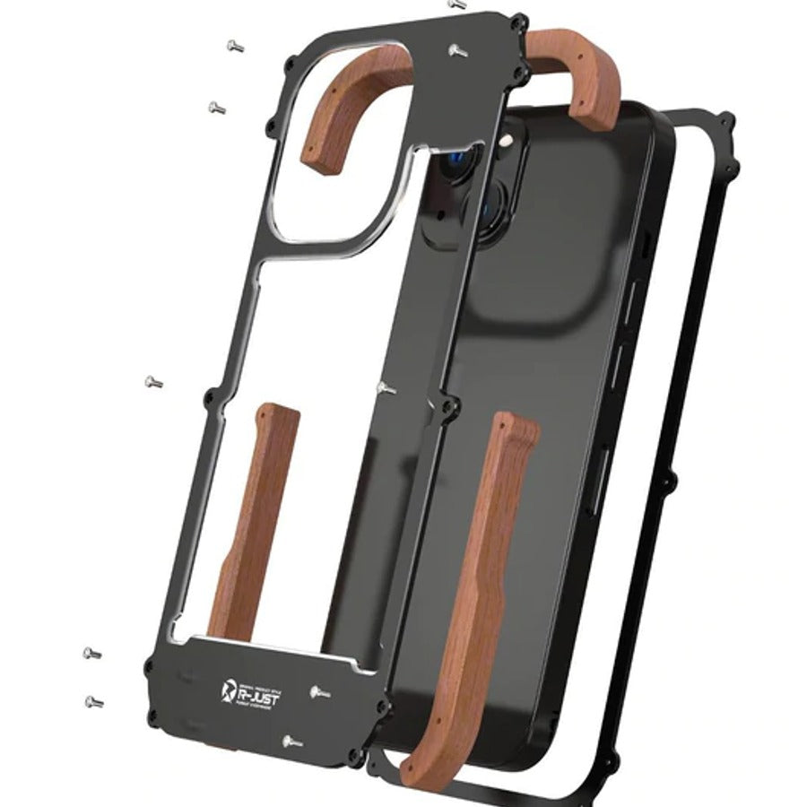 iPhone 13 Series R-Just Aluminium & Natural Wood Anti-shock Bumper Case