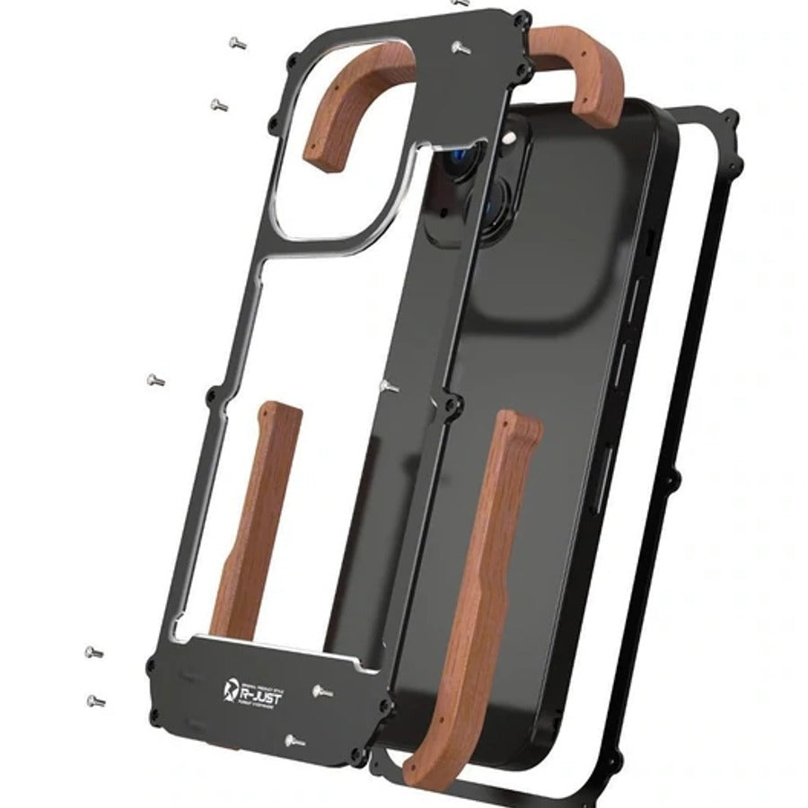 iPhone 13 R-Just Aluminium & Natural Wood Anti-shock Bumper Case