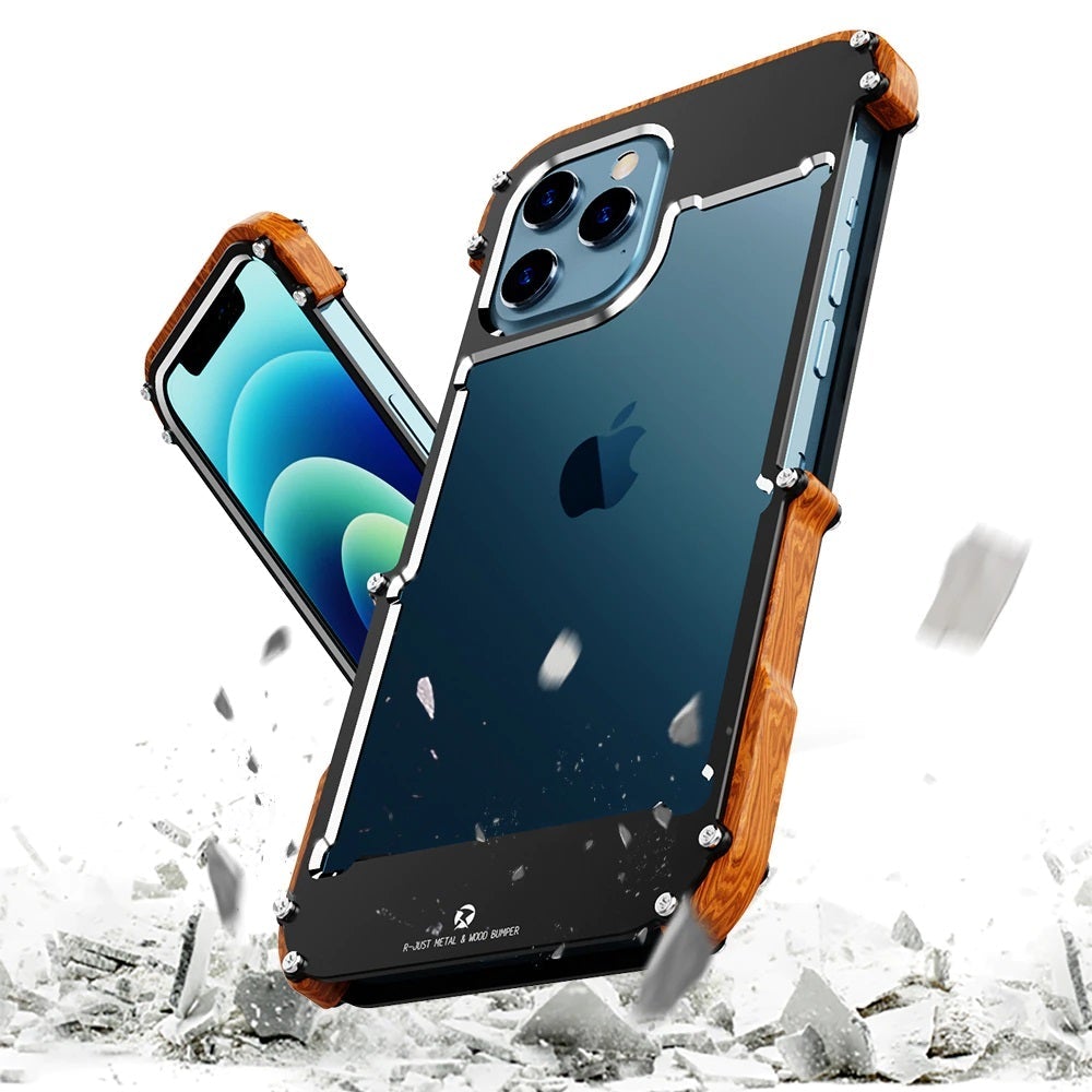 iPhone 13 Series R-Just Aluminium & Natural Wood Anti-shock Bumper Case